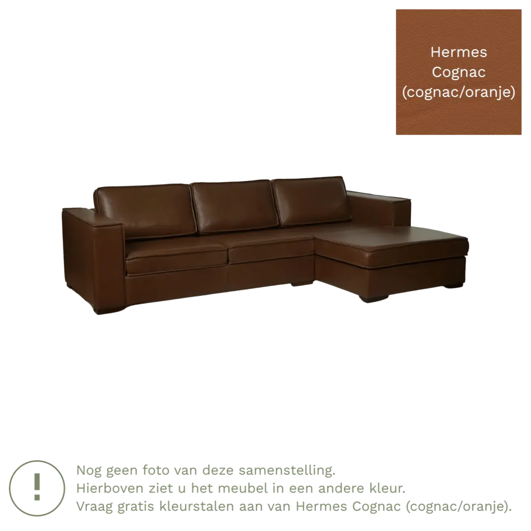 afbeelding van Leren hoekbank Fine - 3 zits arm rechts + longchair links - Hermes Cognac (cognac/oranje) - Poten hout zwart