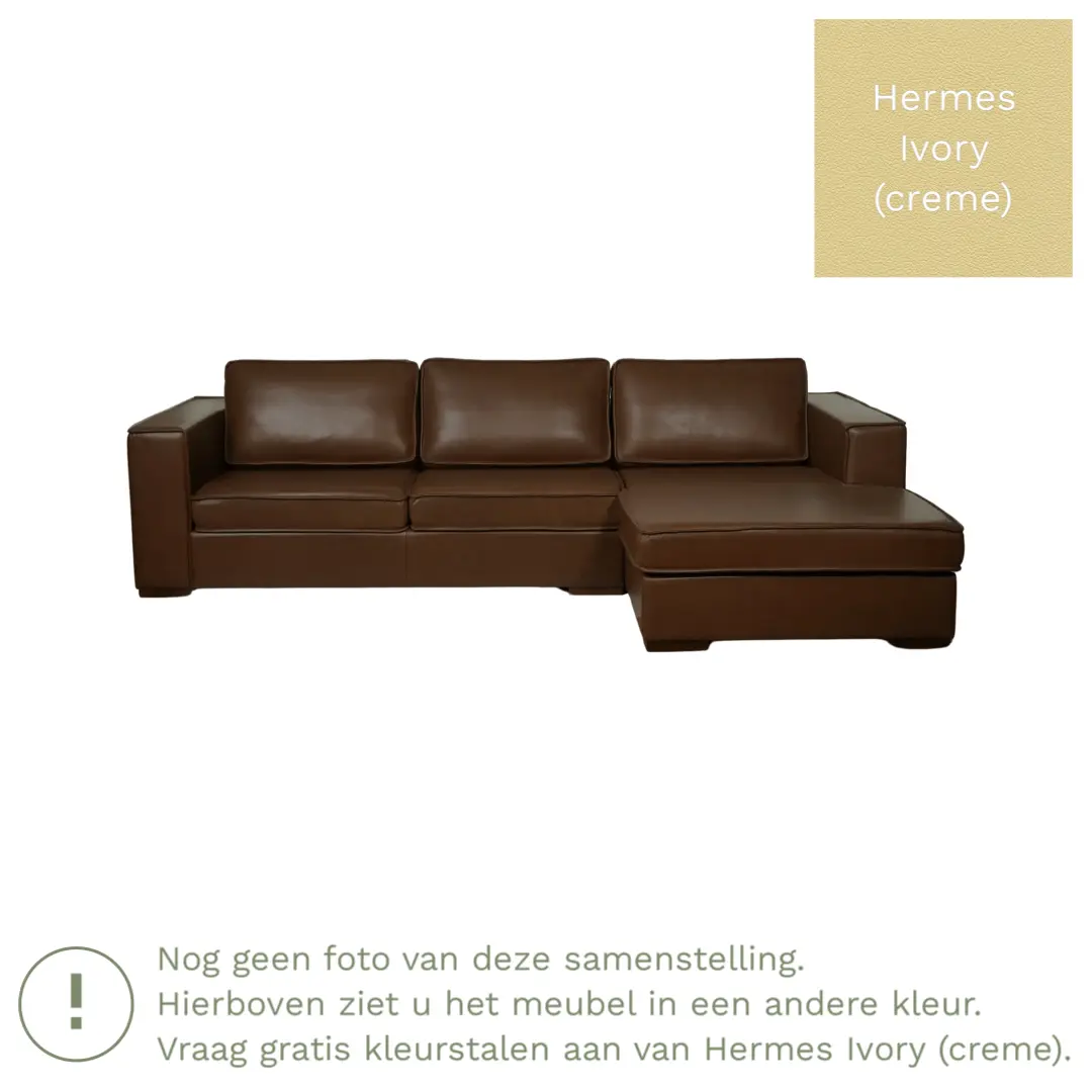 afbeelding van Leren hoekbank Fine - 3 zits arm rechts + longchair links - Hermes Ivory (crème) - Poten hout zwart