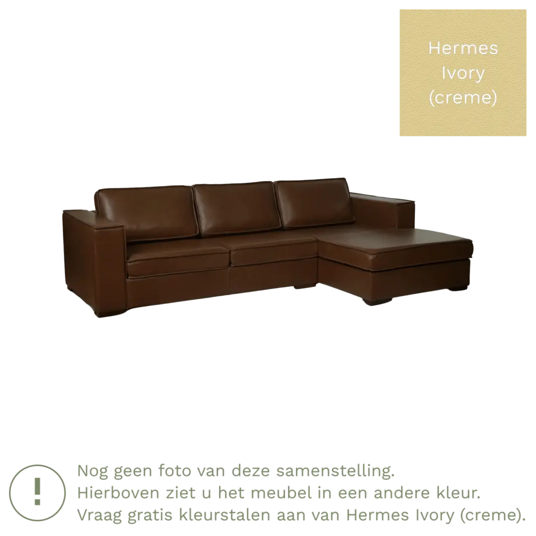 afbeelding van Leren hoekbank Fine - 3 zits arm rechts + longchair links - Hermes Ivory (crème) - Poten hout zwart