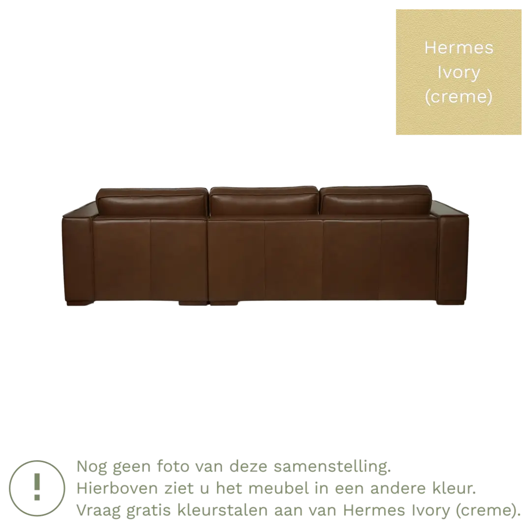 afbeelding van Leren hoekbank Fine - 3 zits arm rechts + longchair links - Hermes Ivory (crème) - Poten hout zwart