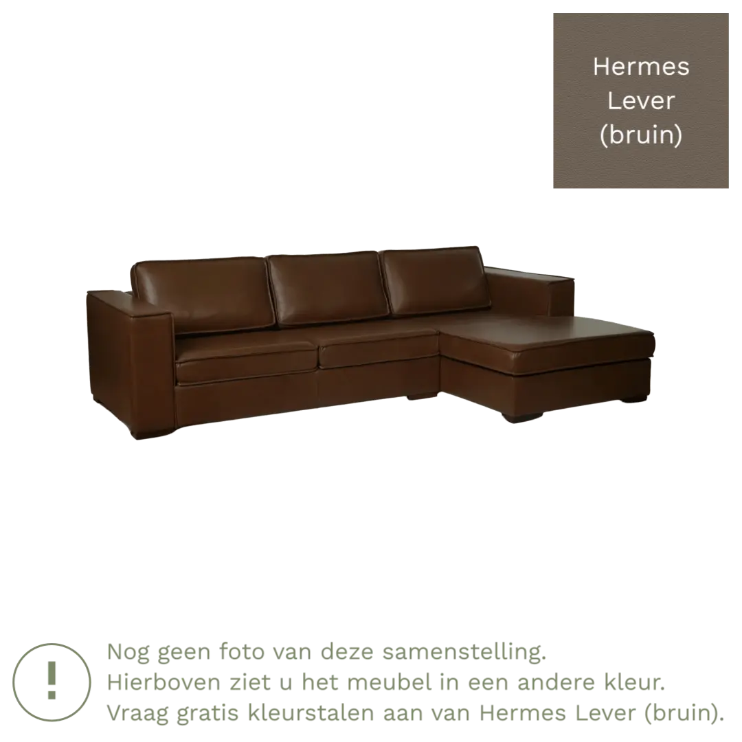 afbeelding van Leren hoekbank Fine - 3 zits arm rechts + longchair links - Hermes Lever (bruin) - Poten hout bruin