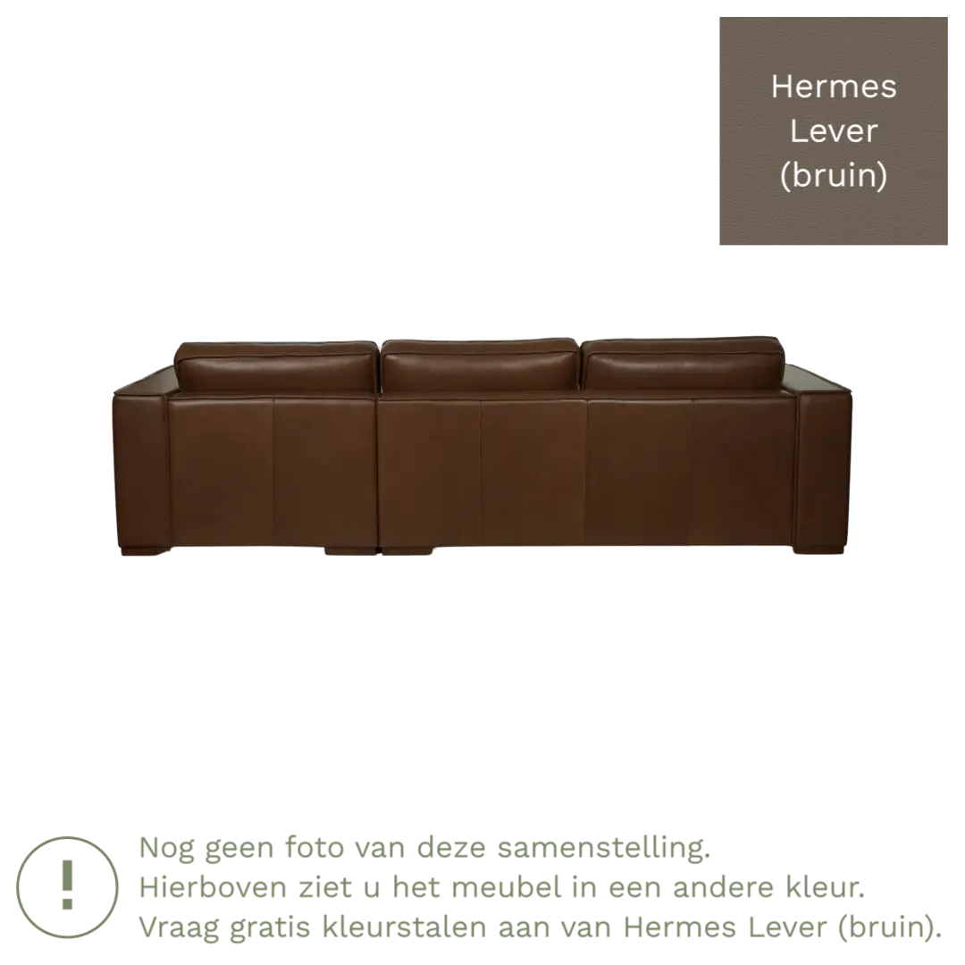 afbeelding van Leren hoekbank Fine - 3 zits arm rechts + longchair links - Hermes Lever (bruin) - Poten hout bruin