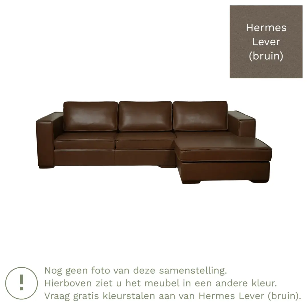 afbeelding van Leren hoekbank Fine - 3 zits arm rechts + longchair links - Hermes Lever (bruin) - Poten hout zwart