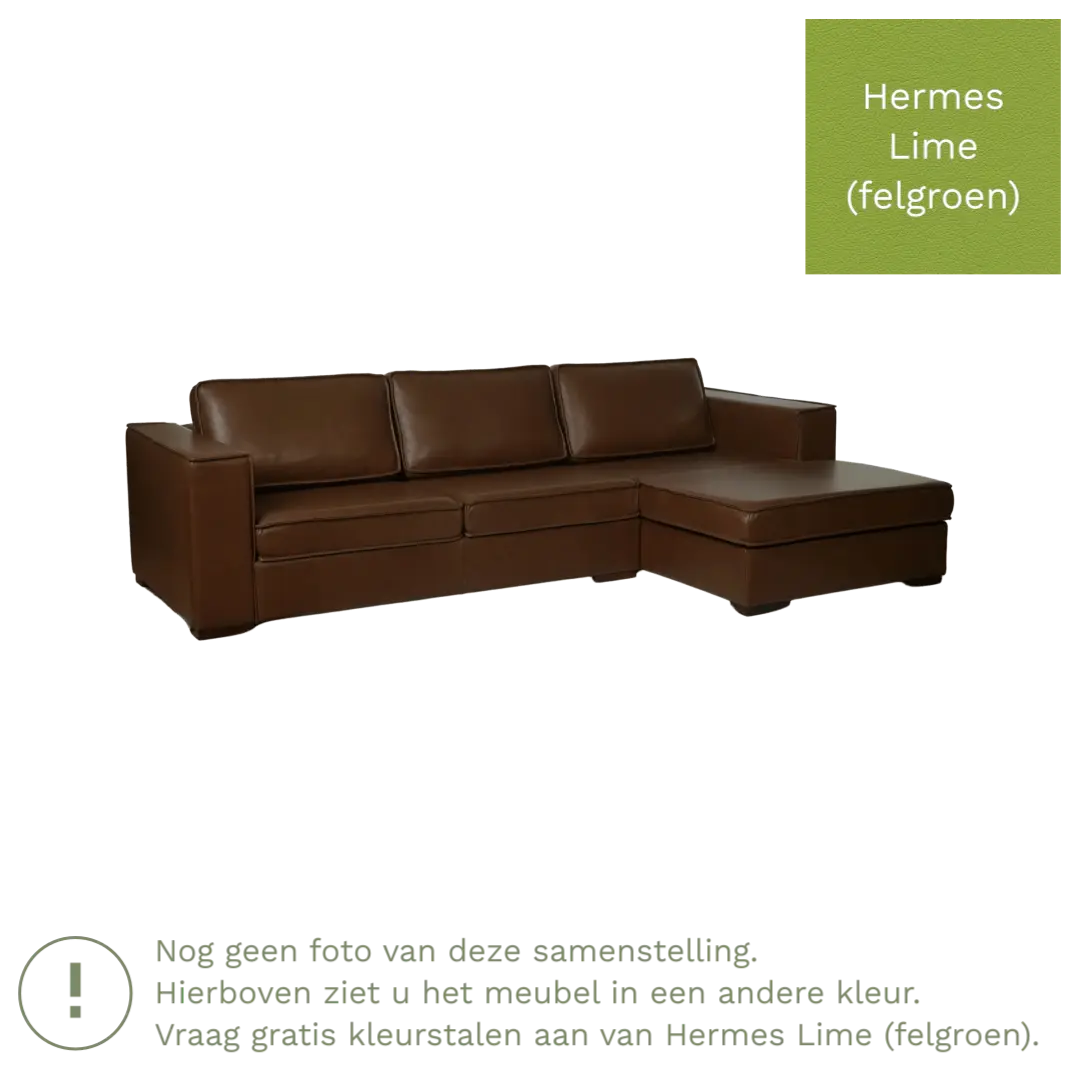 afbeelding van Leren hoekbank Fine - 3 zits arm rechts + longchair links - Hermes Lime (felgroen) - Poten hout bruin