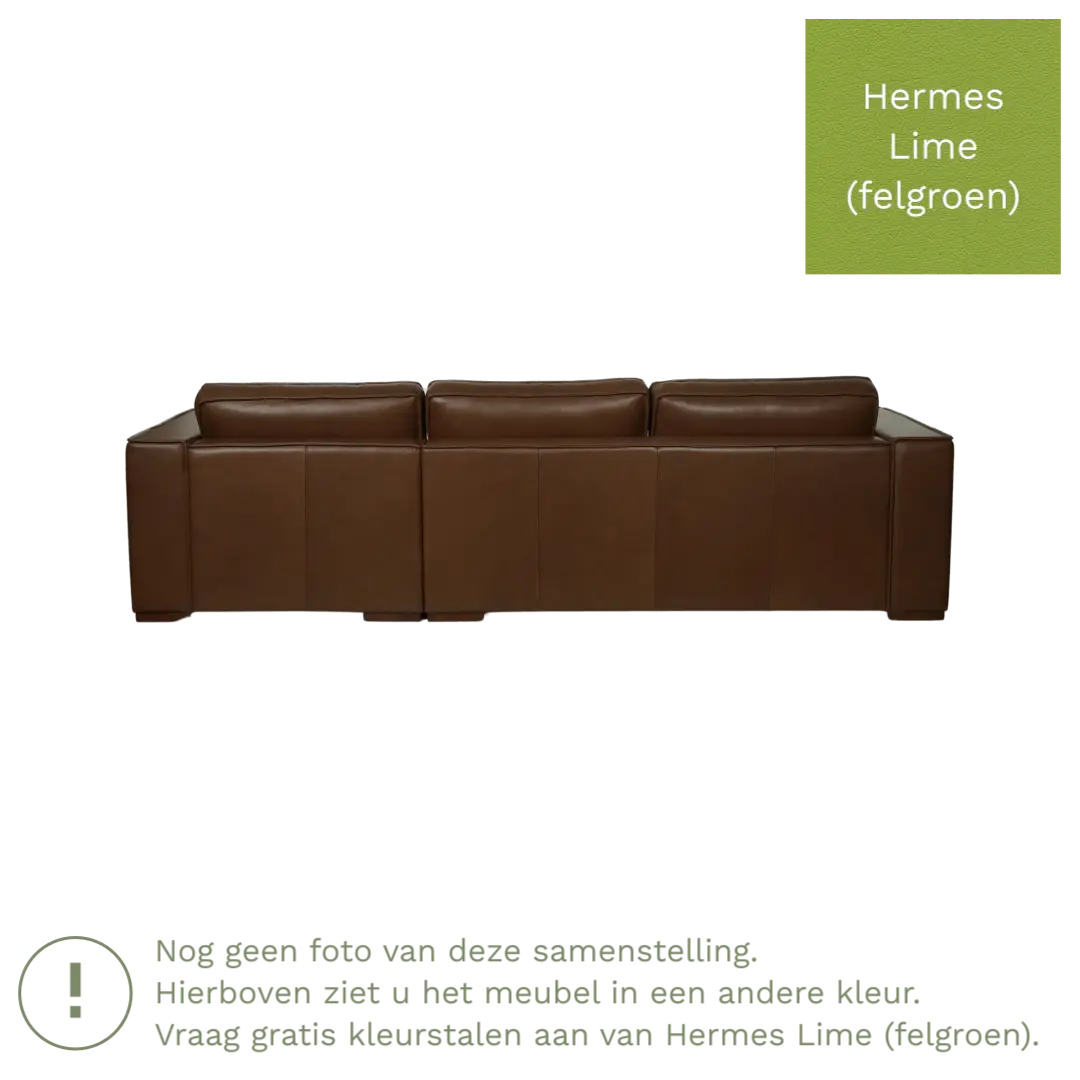 afbeelding van Leren hoekbank Fine - 3 zits arm rechts + longchair links - Hermes Lime (felgroen) - Poten hout bruin