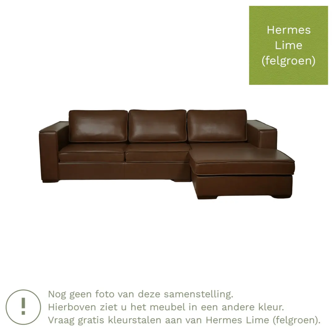 afbeelding van Leren hoekbank Fine - 3 zits arm rechts + longchair links - Hermes Lime (felgroen) - Poten hout zwart