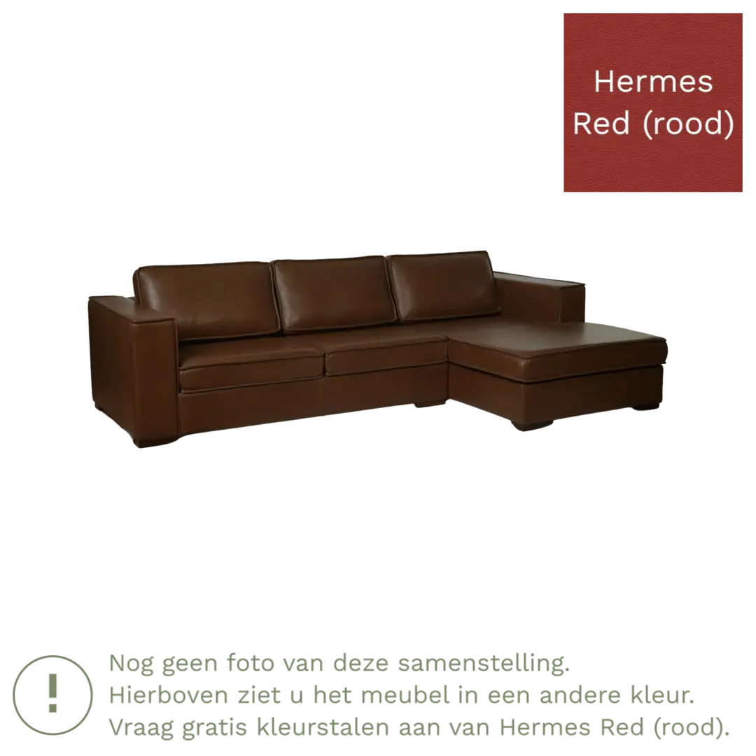 afbeelding van Leren hoekbank Fine - 3 zits arm rechts + longchair links - Hermes Red (rood) - Poten hout bruin