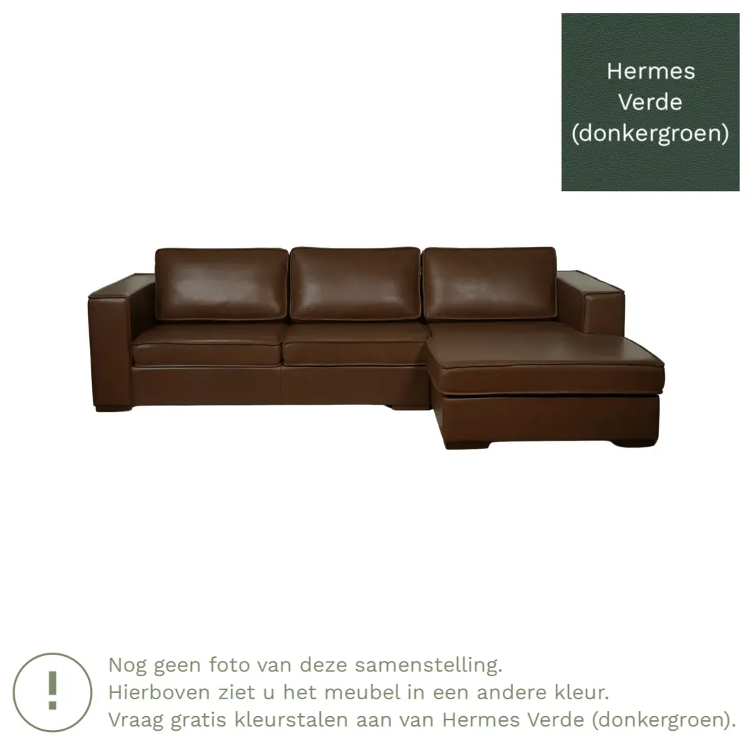 afbeelding van Leren hoekbank Fine - 3 zits arm rechts + longchair links - Hermes Verde (donkergroen) - Poten hout bruin