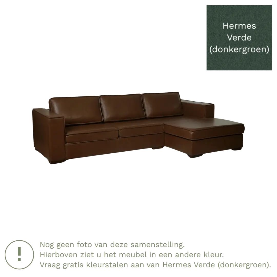 afbeelding van Leren hoekbank Fine - 3 zits arm rechts + longchair links - Hermes Verde (donkergroen) - Poten hout bruin