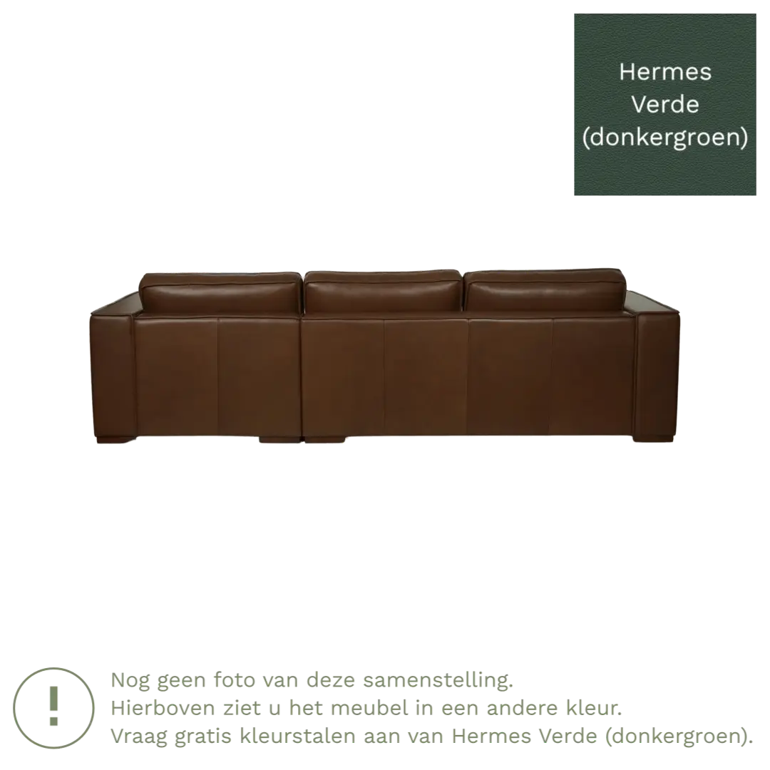 afbeelding van Leren hoekbank Fine - 3 zits arm rechts + longchair links - Hermes Verde (donkergroen) - Poten hout bruin