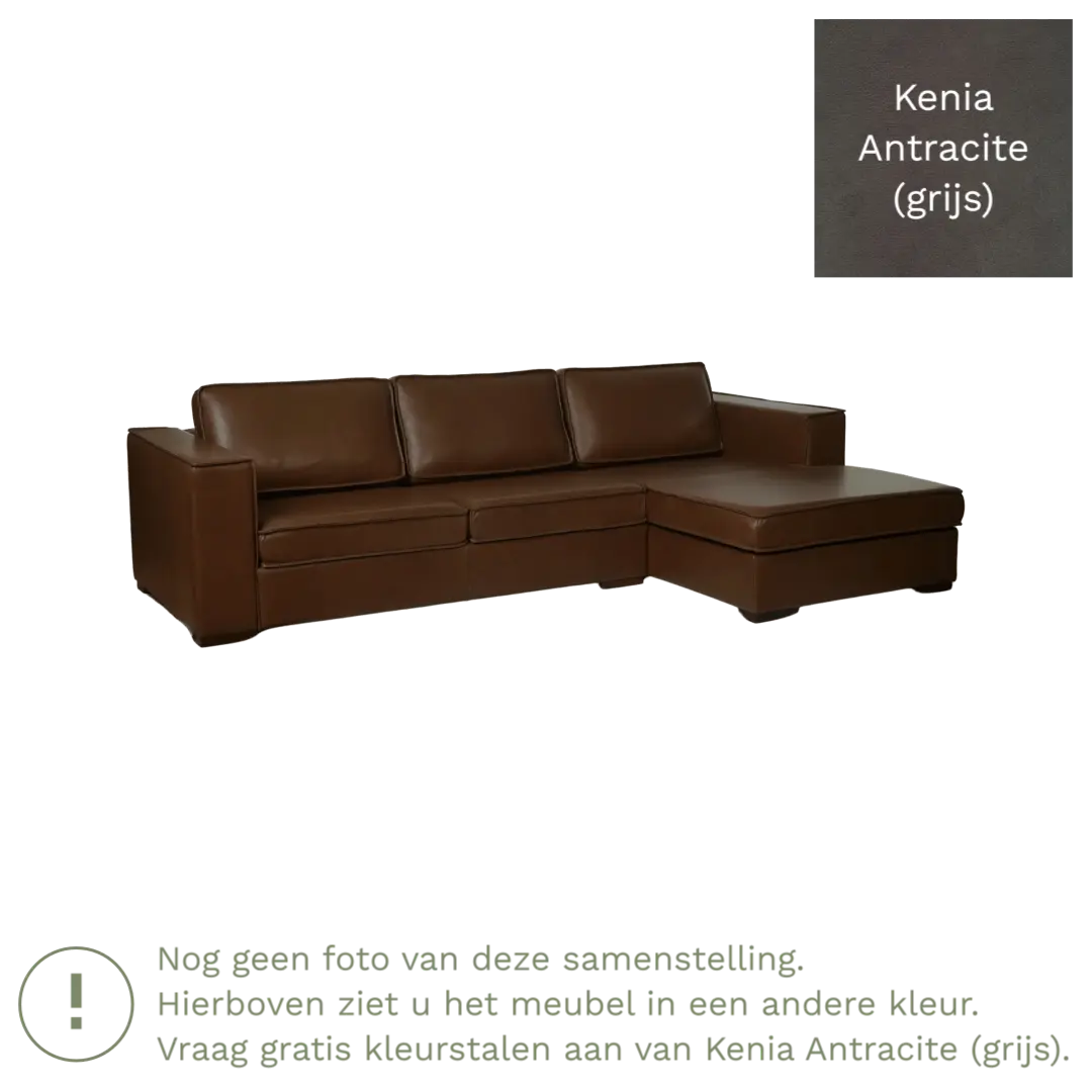 afbeelding van Leren hoekbank Fine - 3 zits arm rechts + longchair links - Kenia Antracite (grijs) - Poten hout zwart