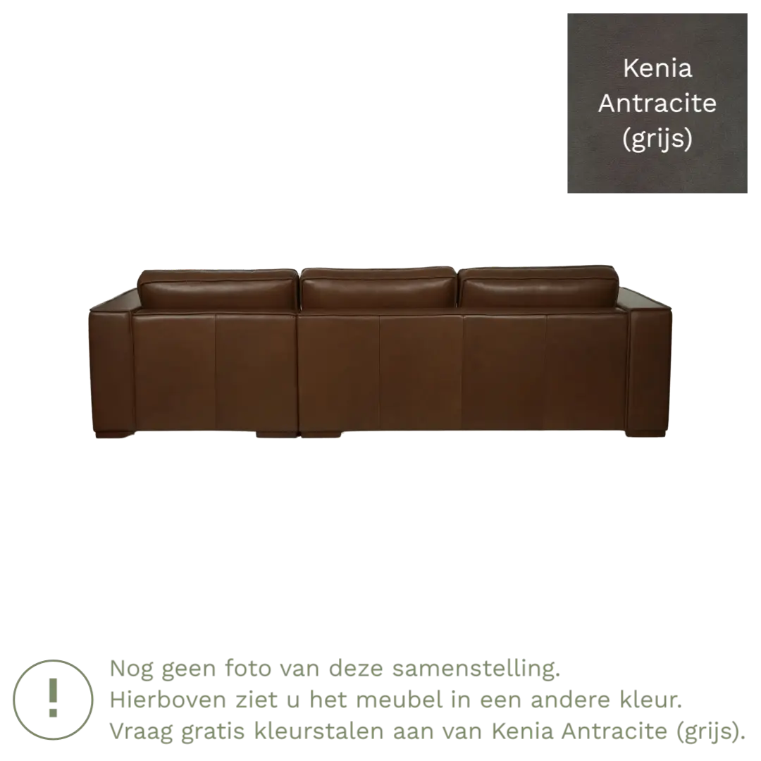 afbeelding van Leren hoekbank Fine - 3 zits arm rechts + longchair links - Kenia Antracite (grijs) - Poten hout zwart
