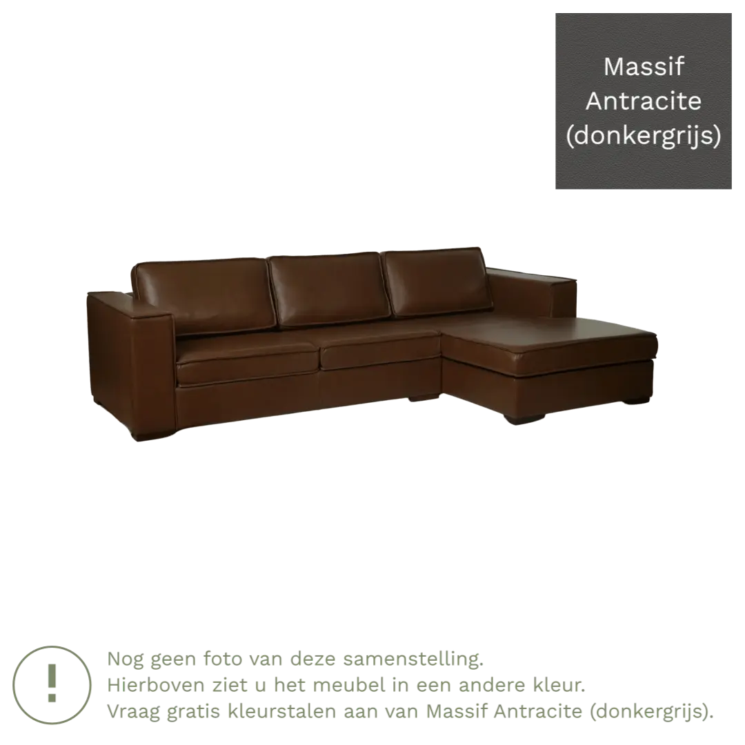 afbeelding van Leren hoekbank Fine - 3 zits arm rechts + longchair links - Massif Antracite (donkergrijs) - Poten hout zwart