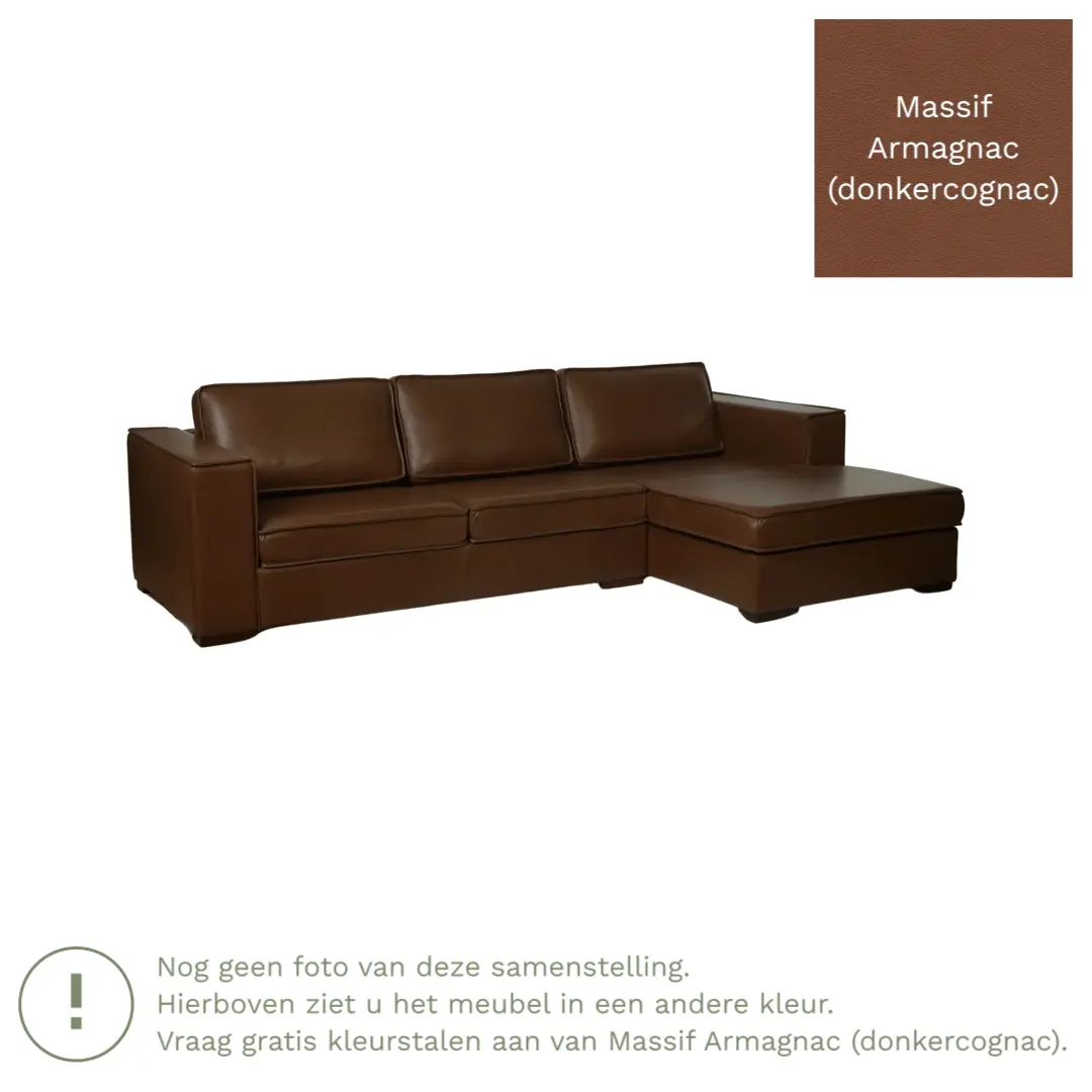 afbeelding van Leren hoekbank Fine - 3 zits arm rechts + longchair links - Massif Armagnac (donkercognac) - Poten hout bruin