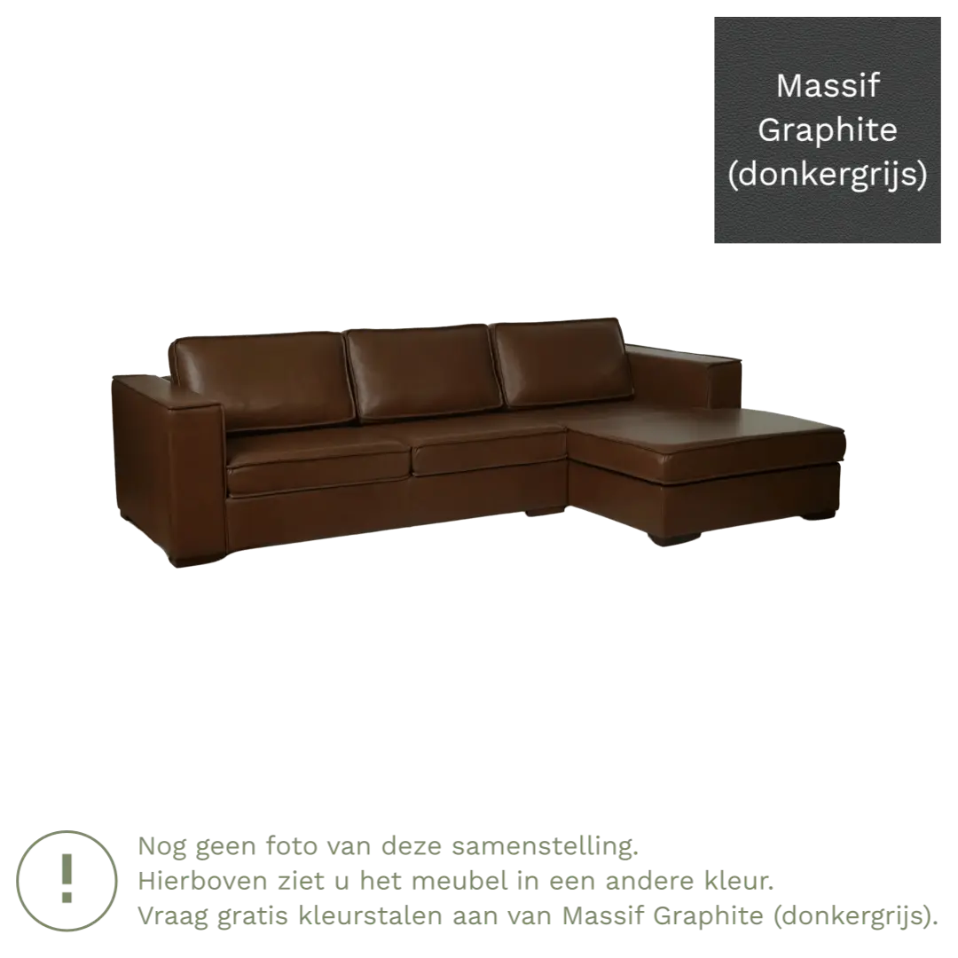 afbeelding van Leren hoekbank Fine - 3 zits arm rechts + longchair links - Massif Graphite (donkergrijs) - Poten hout bruin
