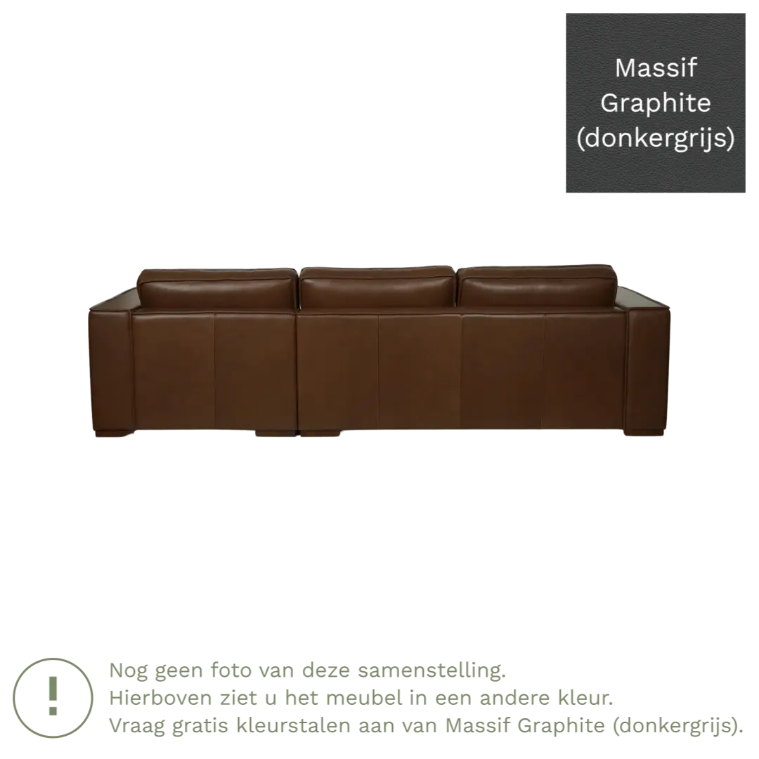 afbeelding van Leren hoekbank Fine - 3 zits arm rechts + longchair links - Massif Graphite (donkergrijs) - Poten hout bruin