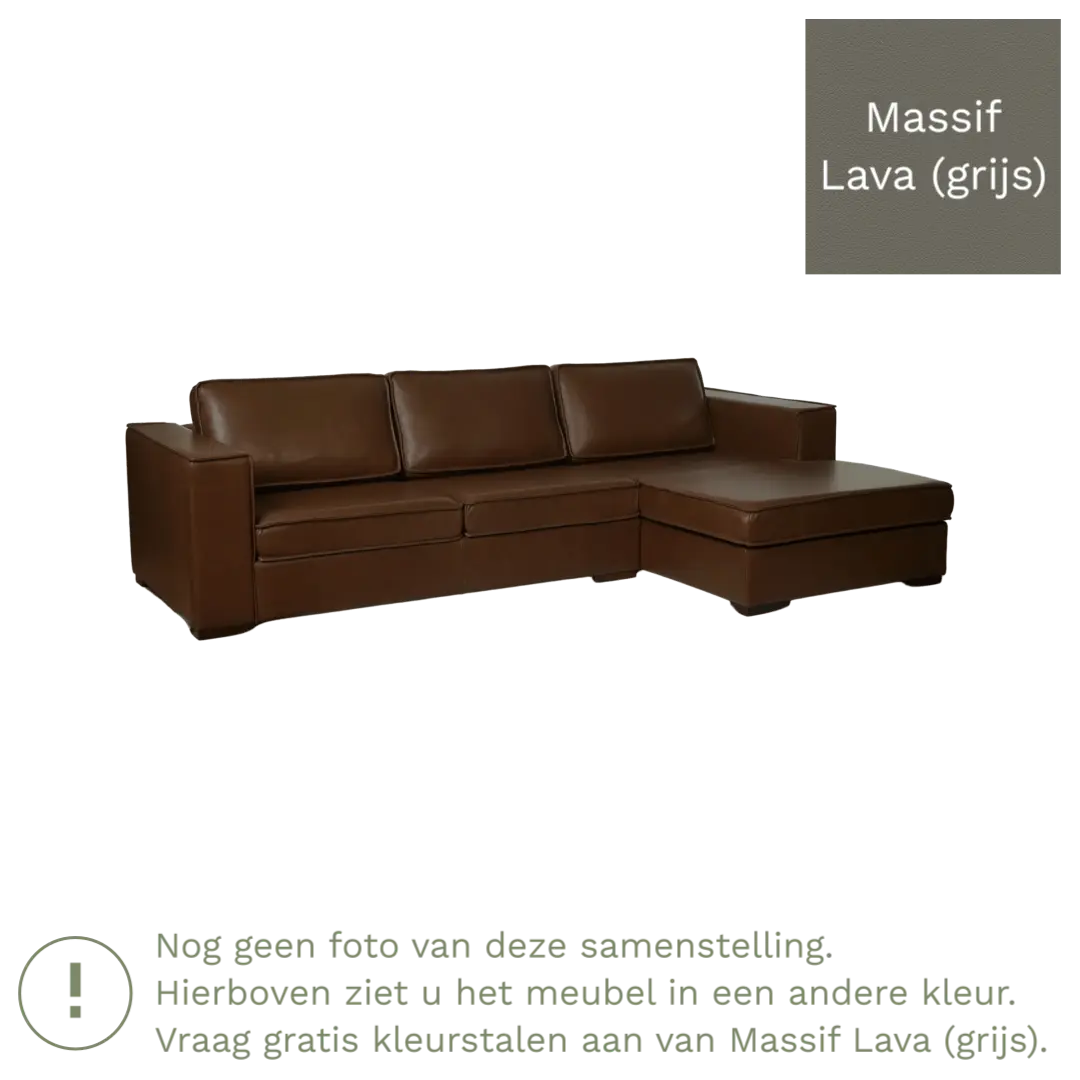 afbeelding van Leren hoekbank Fine - 3 zits arm rechts + longchair links - Massif Lava (grijs) - Poten hout zwart