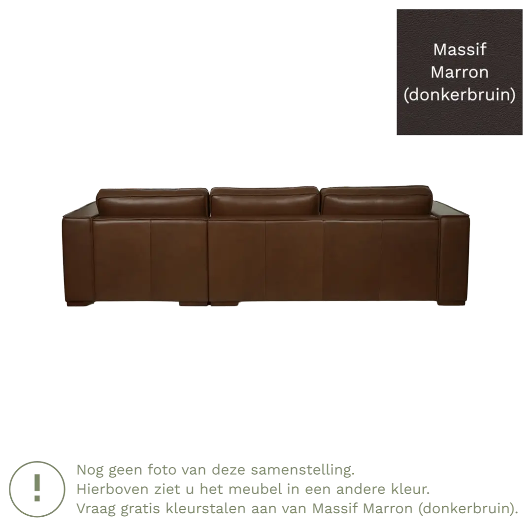 afbeelding van Leren hoekbank Fine - 3 zits arm rechts + longchair links - Massif Marron (donkerbruin) - Poten hout zwart