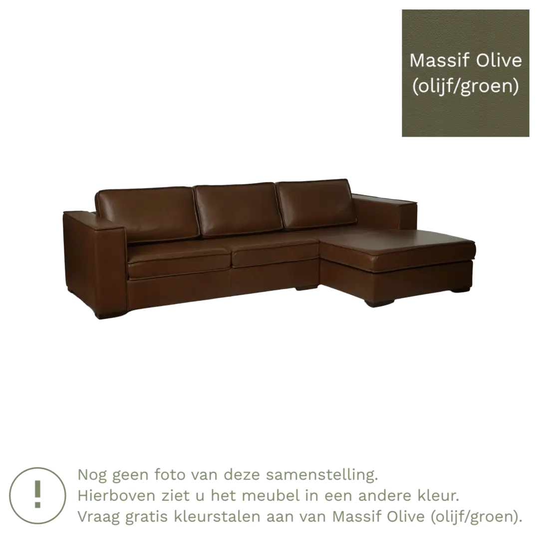 afbeelding van Leren hoekbank Fine - 3 zits arm rechts + longchair links - Massif Olive (olijf/groen) - Poten hout bruin