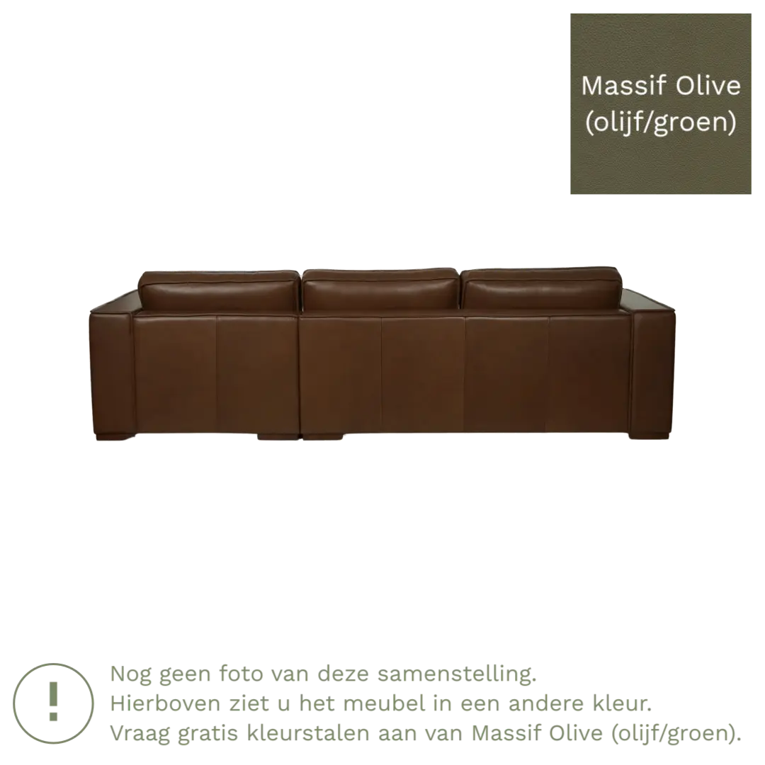 afbeelding van Leren hoekbank Fine - 3 zits arm rechts + longchair links - Massif Olive (olijf/groen) - Poten hout bruin