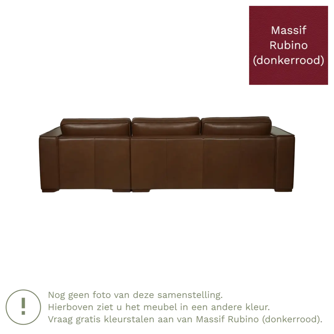 afbeelding van Leren hoekbank Fine - 3 zits arm rechts + longchair links - Massif Rubino (donkerrood) - Poten hout zwart