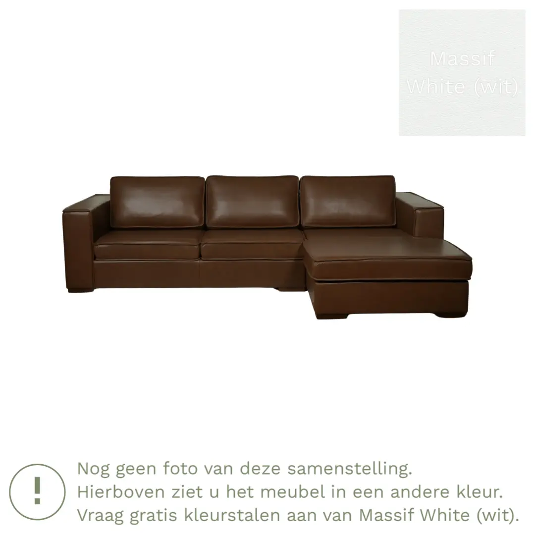 afbeelding van Leren hoekbank Fine - 3 zits arm rechts + longchair links - Massif White (wit) - Poten hout bruin