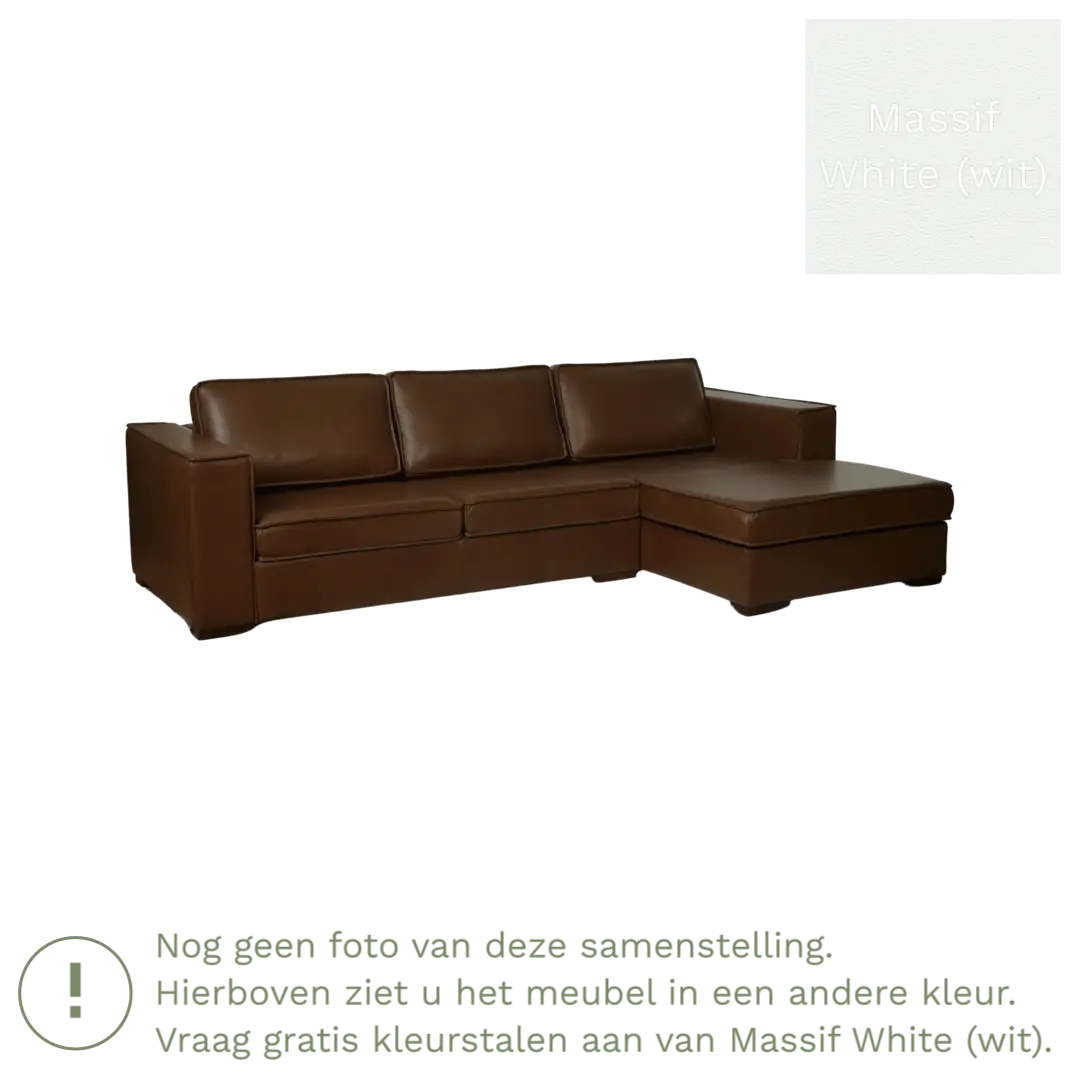 afbeelding van Leren hoekbank Fine - 3 zits arm rechts + longchair links - Massif White (wit) - Poten hout bruin