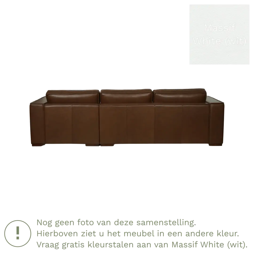 afbeelding van Leren hoekbank Fine - 3 zits arm rechts + longchair links - Massif White (wit) - Poten hout bruin