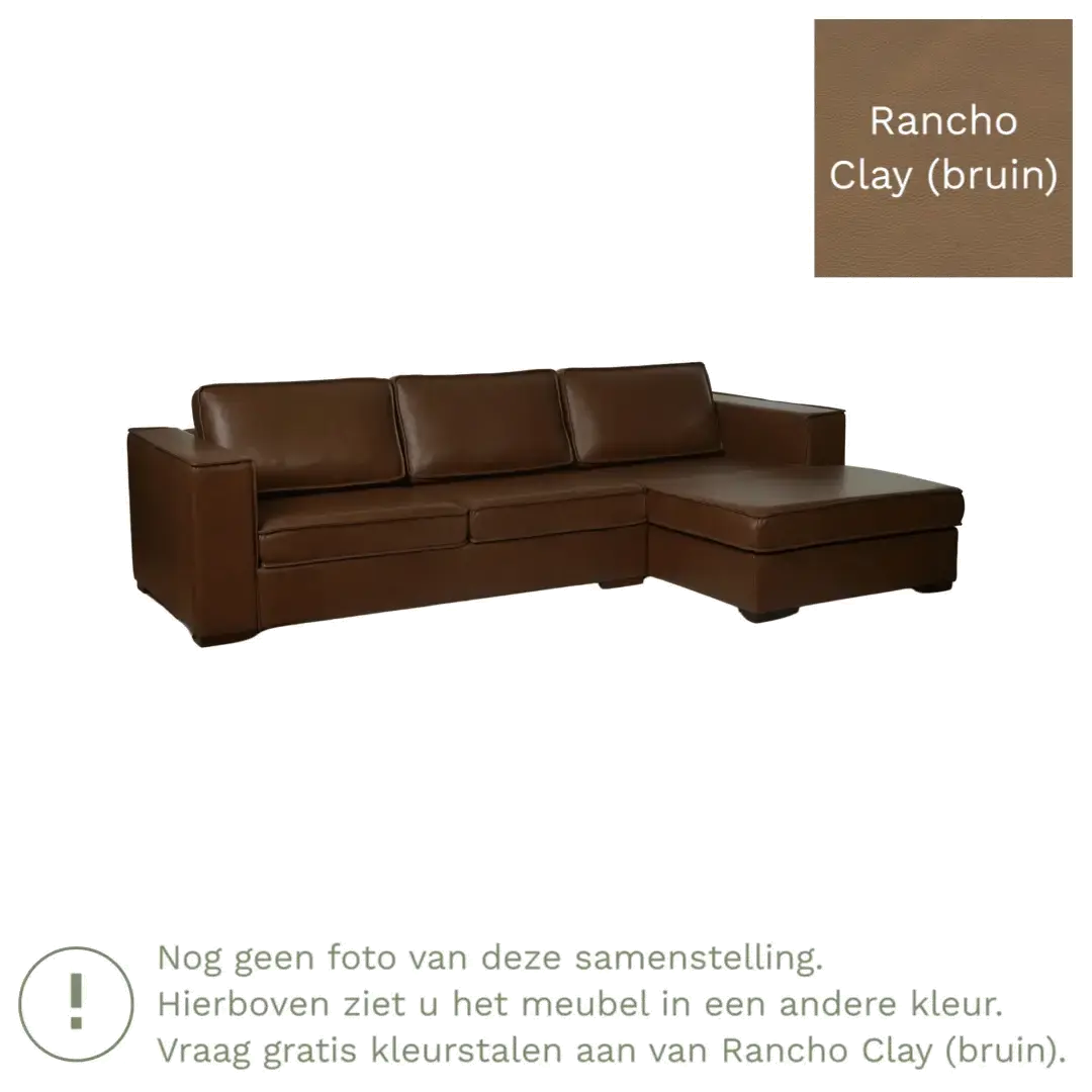 afbeelding van Leren hoekbank Fine - 3 zits arm rechts + longchair links - Rancho Clay (bruin) - Poten hout bruin