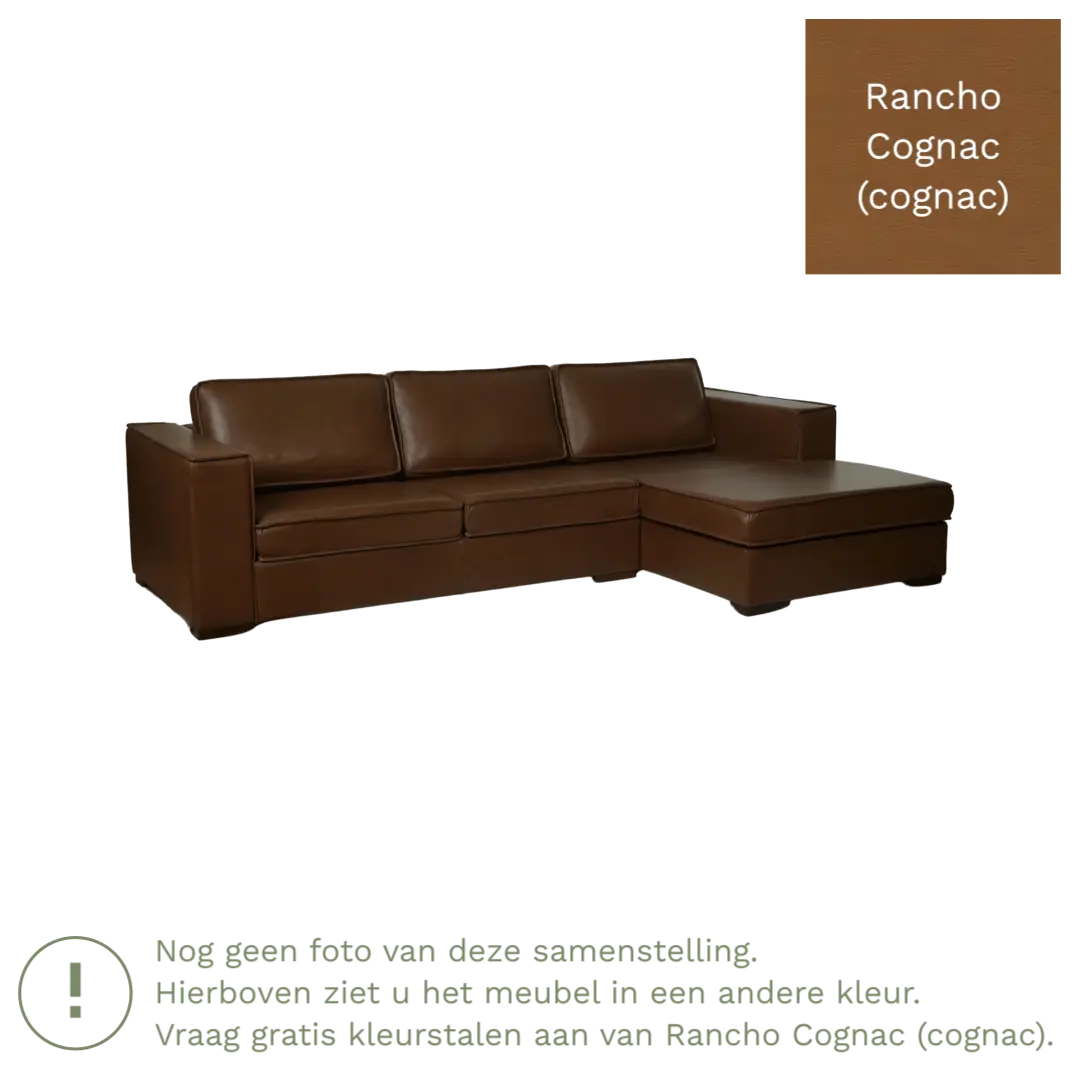 afbeelding van Leren hoekbank Fine - 3 zits arm rechts + longchair links - Rancho Cognac (cognac) - Poten hout zwart