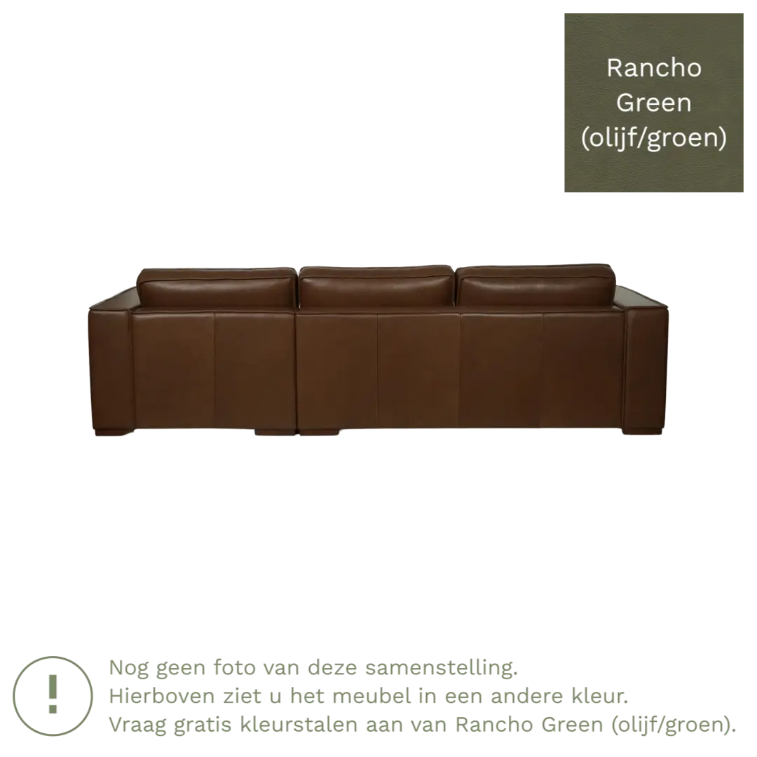 afbeelding van Leren hoekbank Fine - 3 zits arm rechts + longchair links - Rancho Green (olijf/groen) - Poten hout zwart