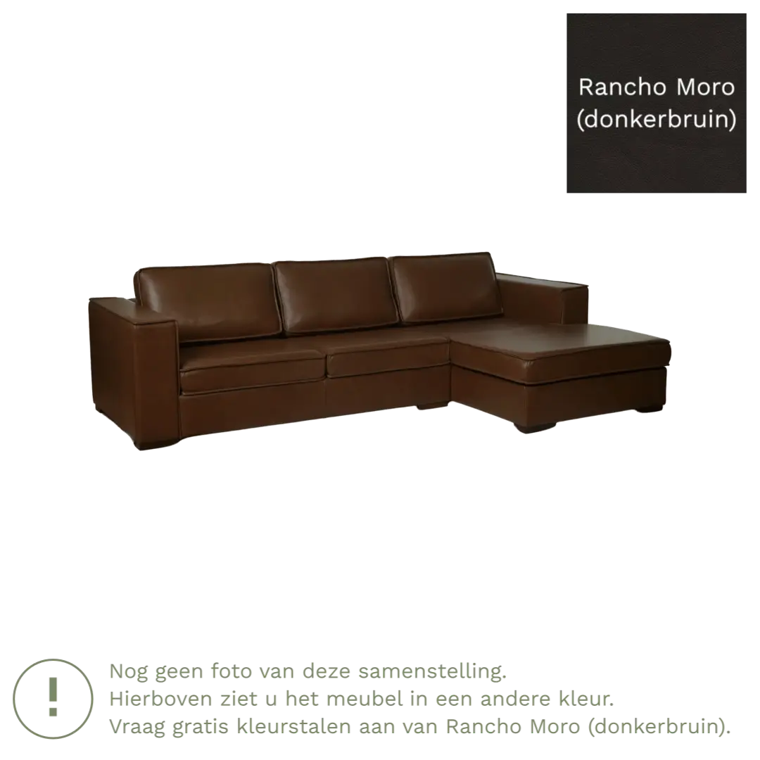 afbeelding van Leren hoekbank Fine - 3 zits arm rechts + longchair links - Rancho Moro (donkerbruin) - Poten hout zwart