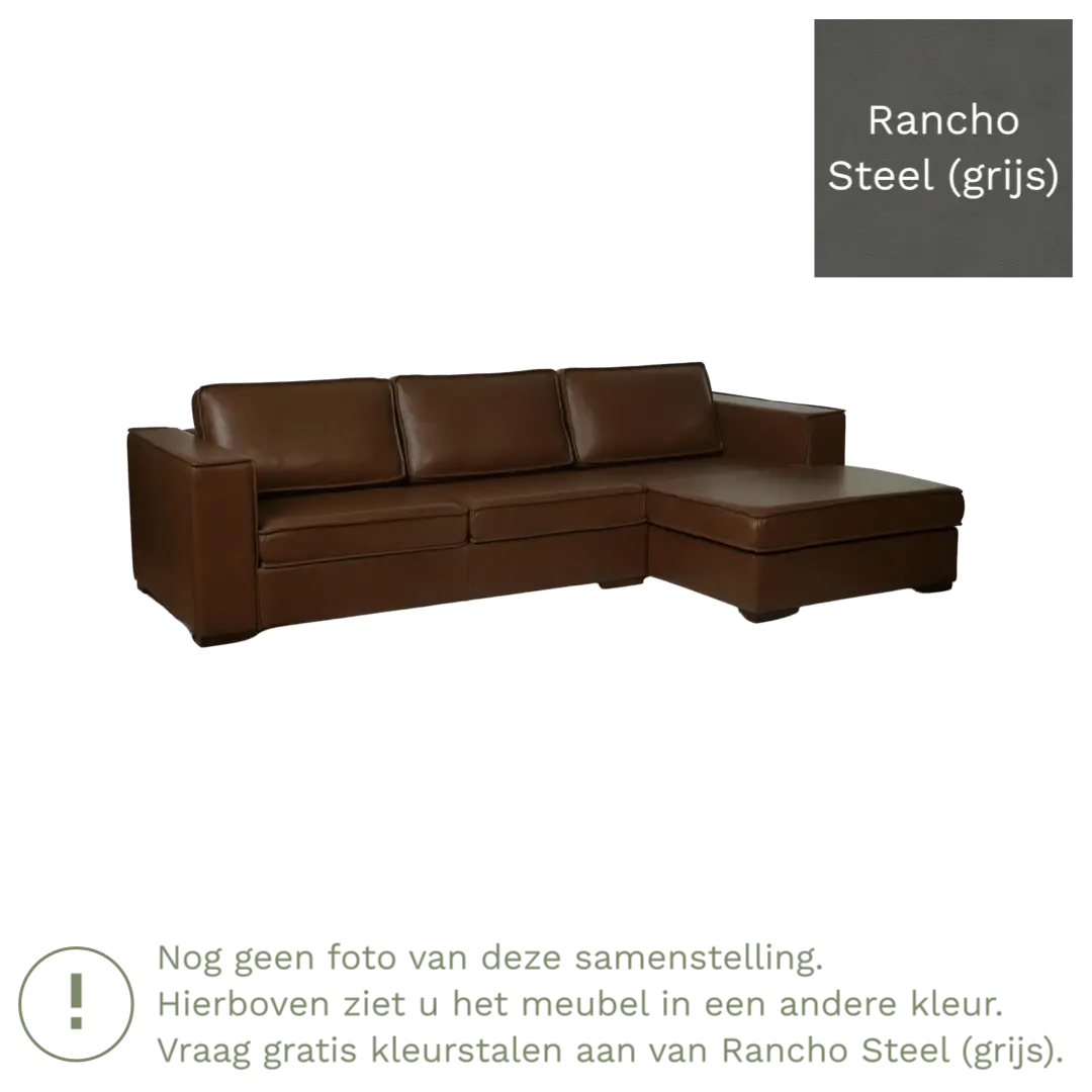 afbeelding van Leren hoekbank Fine - 3 zits arm rechts + longchair links - Rancho Steel (grijs) - Poten hout bruin