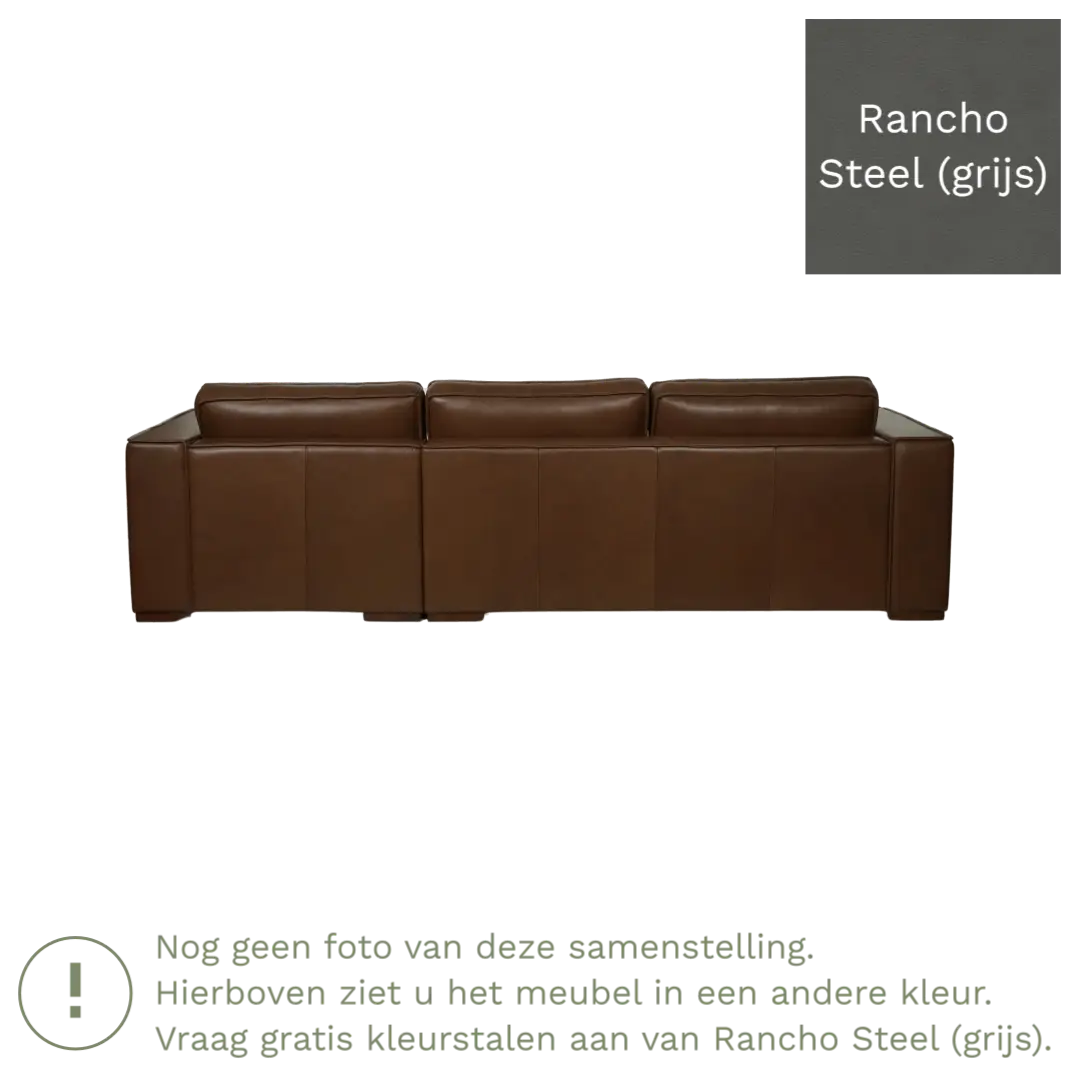 afbeelding van Leren hoekbank Fine - 3 zits arm rechts + longchair links - Rancho Steel (grijs) - Poten hout bruin