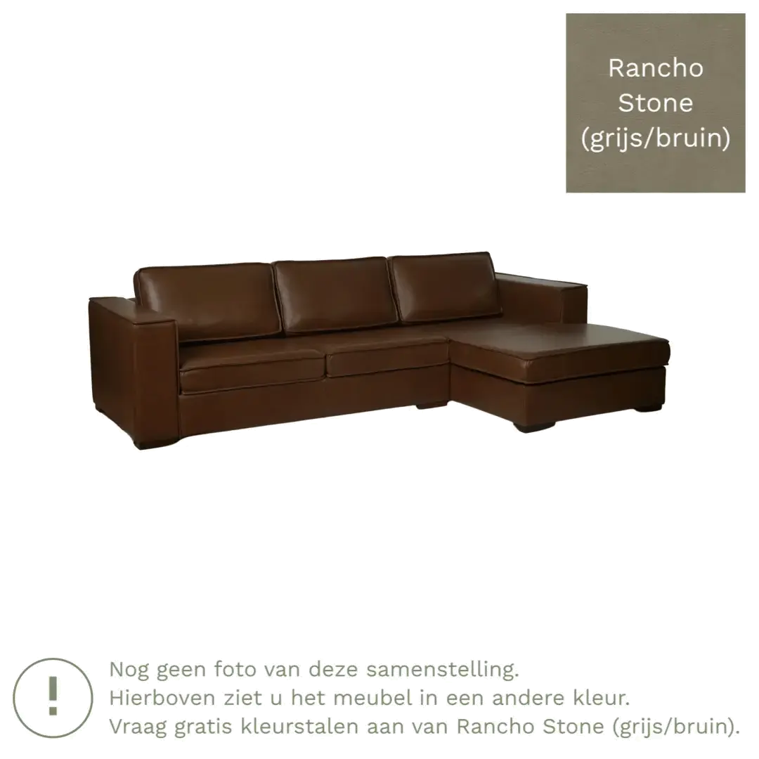 afbeelding van Leren hoekbank Fine - 3 zits arm rechts + longchair links - Rancho Stone (grijs/bruin) - Poten hout bruin