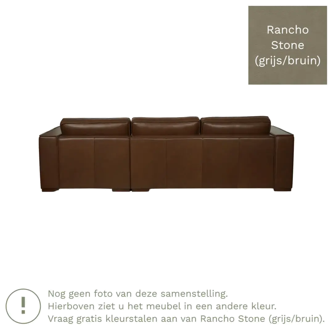 afbeelding van Leren hoekbank Fine - 3 zits arm rechts + longchair links - Rancho Stone (grijs/bruin) - Poten hout bruin