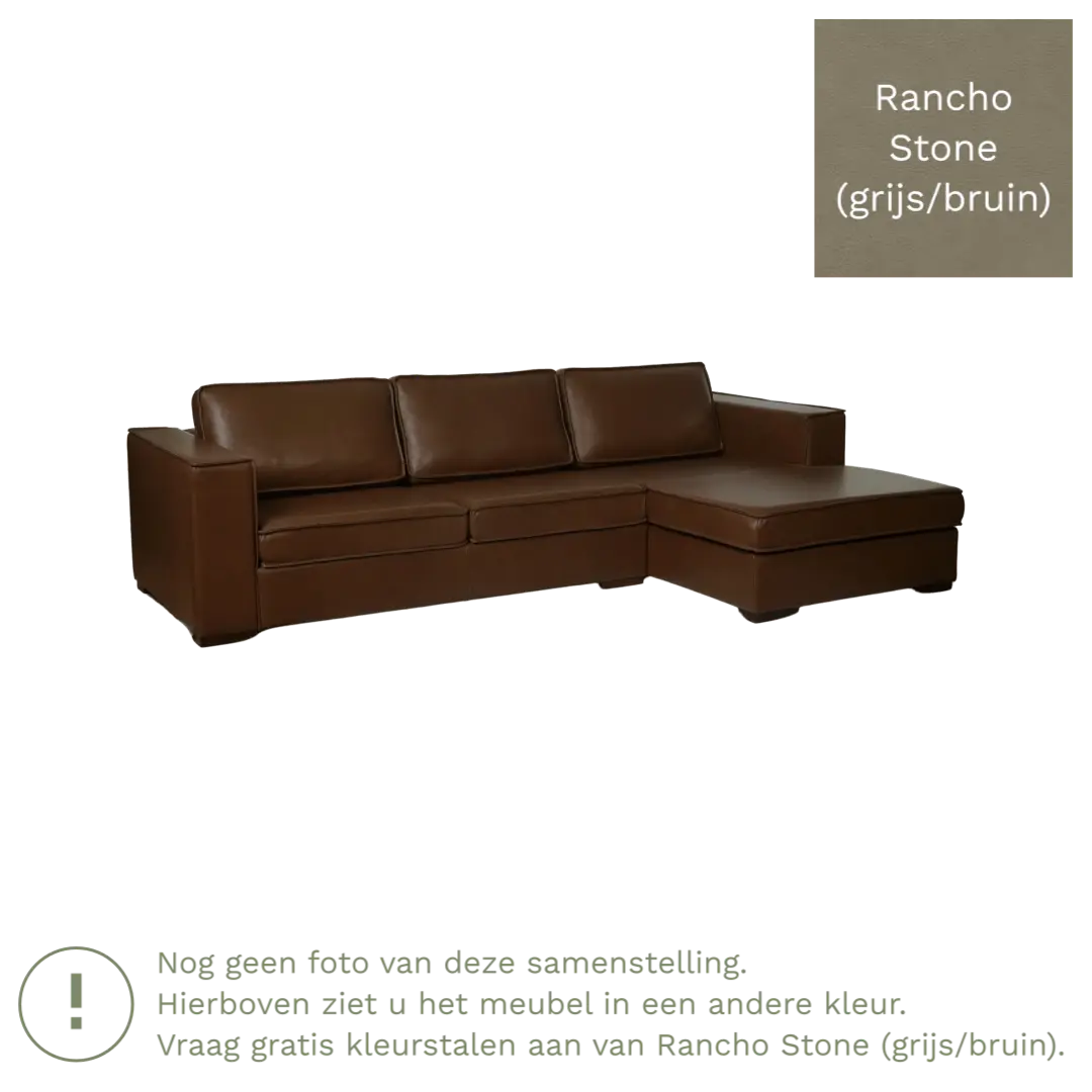afbeelding van Leren hoekbank Fine - 3 zits arm rechts + longchair links - Rancho Stone (grijs/bruin) - Poten hout zwart