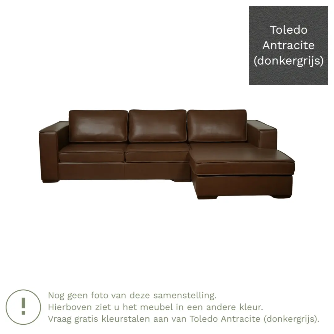 afbeelding van Leren hoekbank Fine - 3 zits arm rechts + longchair links - Toledo Antracite (donkergrijs) - Poten hout zwart