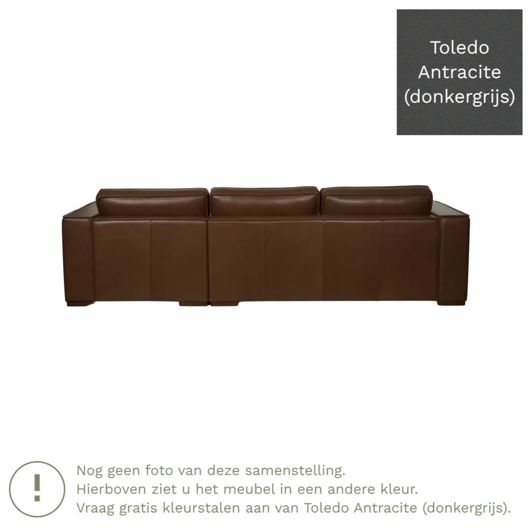 afbeelding van Leren hoekbank Fine - 3 zits arm rechts + longchair links - Toledo Antracite (donkergrijs) - Poten hout zwart
