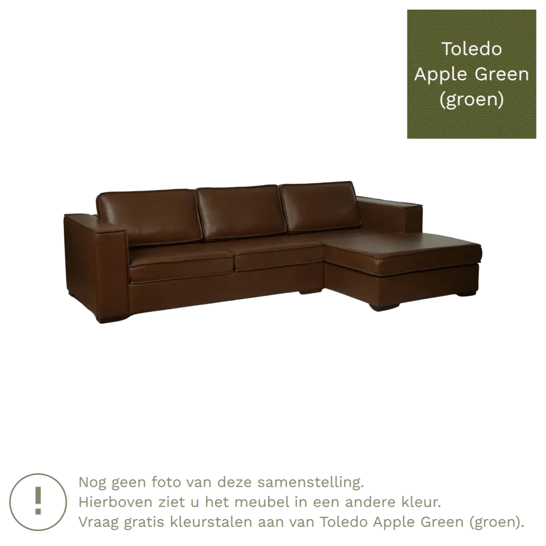 afbeelding van Leren hoekbank Fine - 3 zits arm rechts + longchair links - Toledo Apple Green (groen) - Poten hout bruin