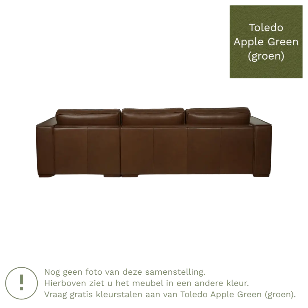 afbeelding van Leren hoekbank Fine - 3 zits arm rechts + longchair links - Toledo Apple Green (groen) - Poten hout bruin