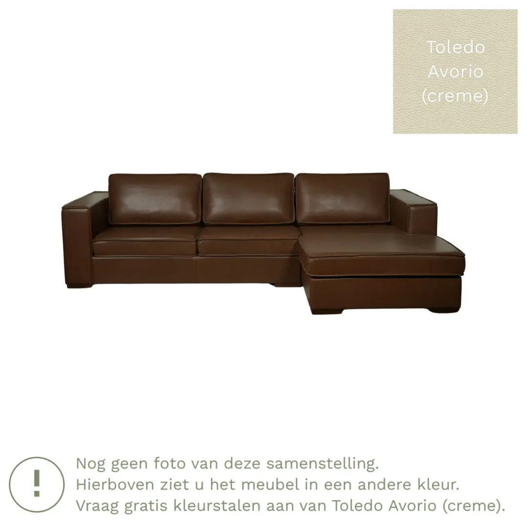 afbeelding van Leren hoekbank Fine - 3 zits arm rechts + longchair links - Toledo Avorio (crème) - Poten hout bruin