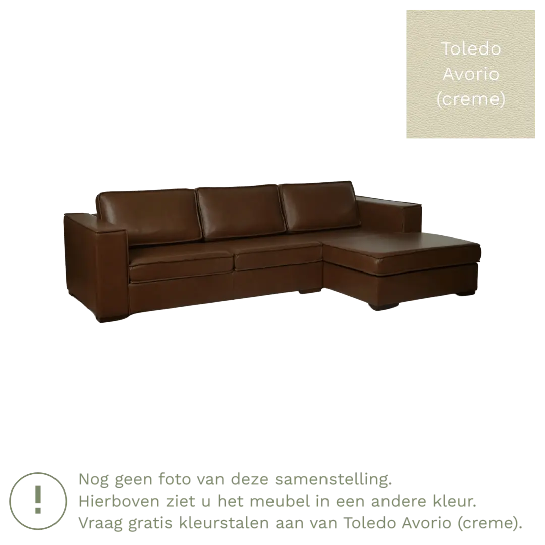 afbeelding van Leren hoekbank Fine - 3 zits arm rechts + longchair links - Toledo Avorio (crème) - Poten hout zwart