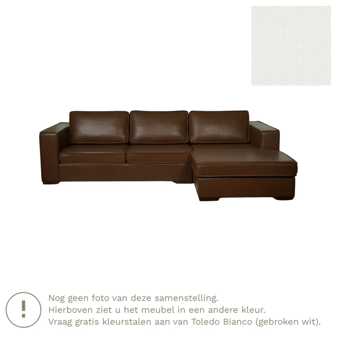 afbeelding van Leren hoekbank Fine - 3 zits arm rechts + longchair links - Toledo Bianco (gebroken wit) - Poten hout zwart