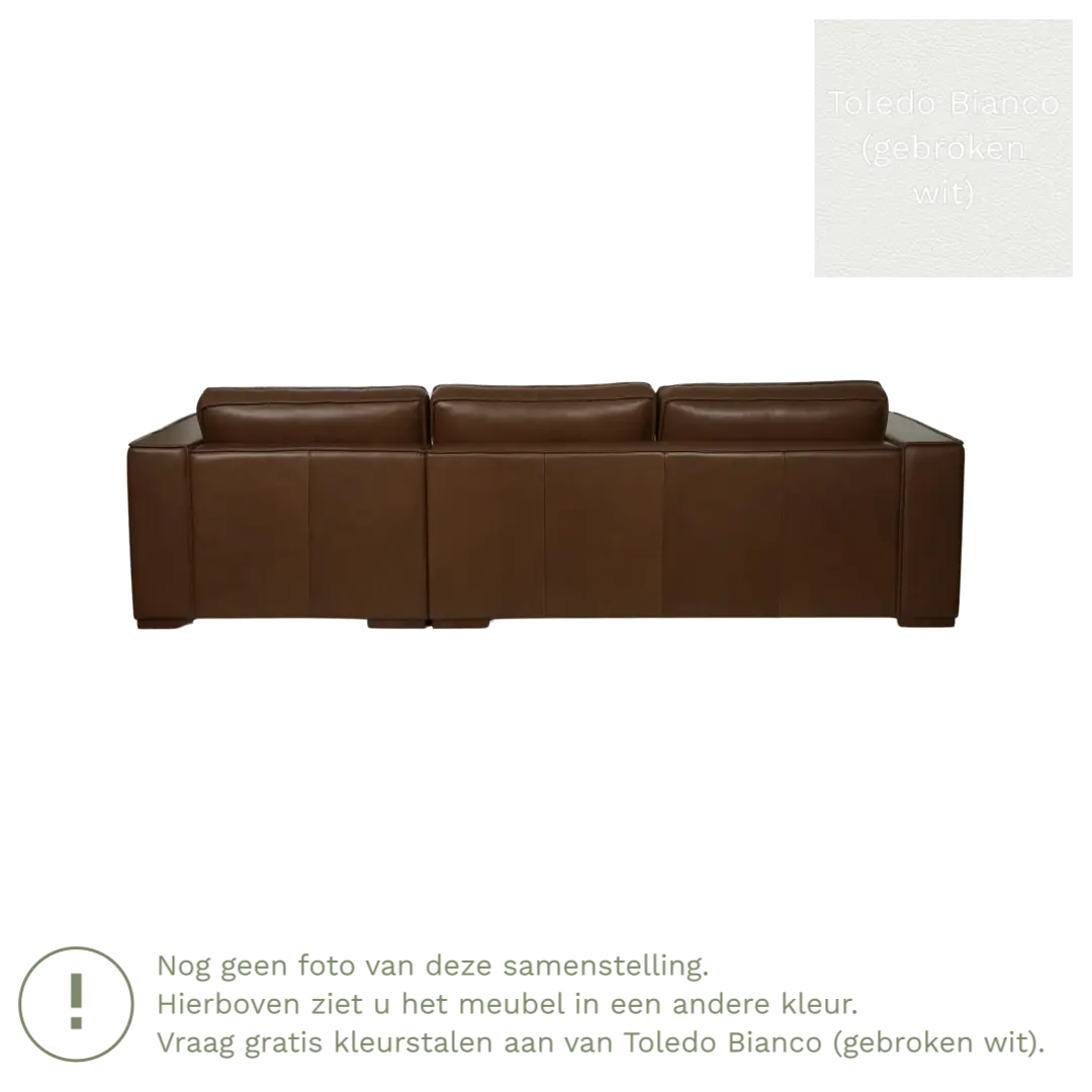 afbeelding van Leren hoekbank Fine - 3 zits arm rechts + longchair links - Toledo Bianco (gebroken wit) - Poten hout zwart
