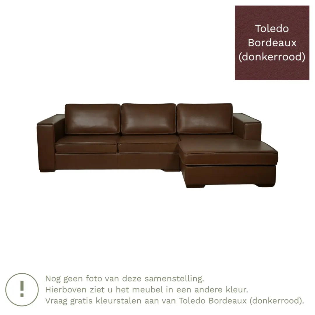 afbeelding van Leren hoekbank Fine - 3 zits arm rechts + longchair links - Toledo Bordeaux (donkerrood) - Poten hout bruin
