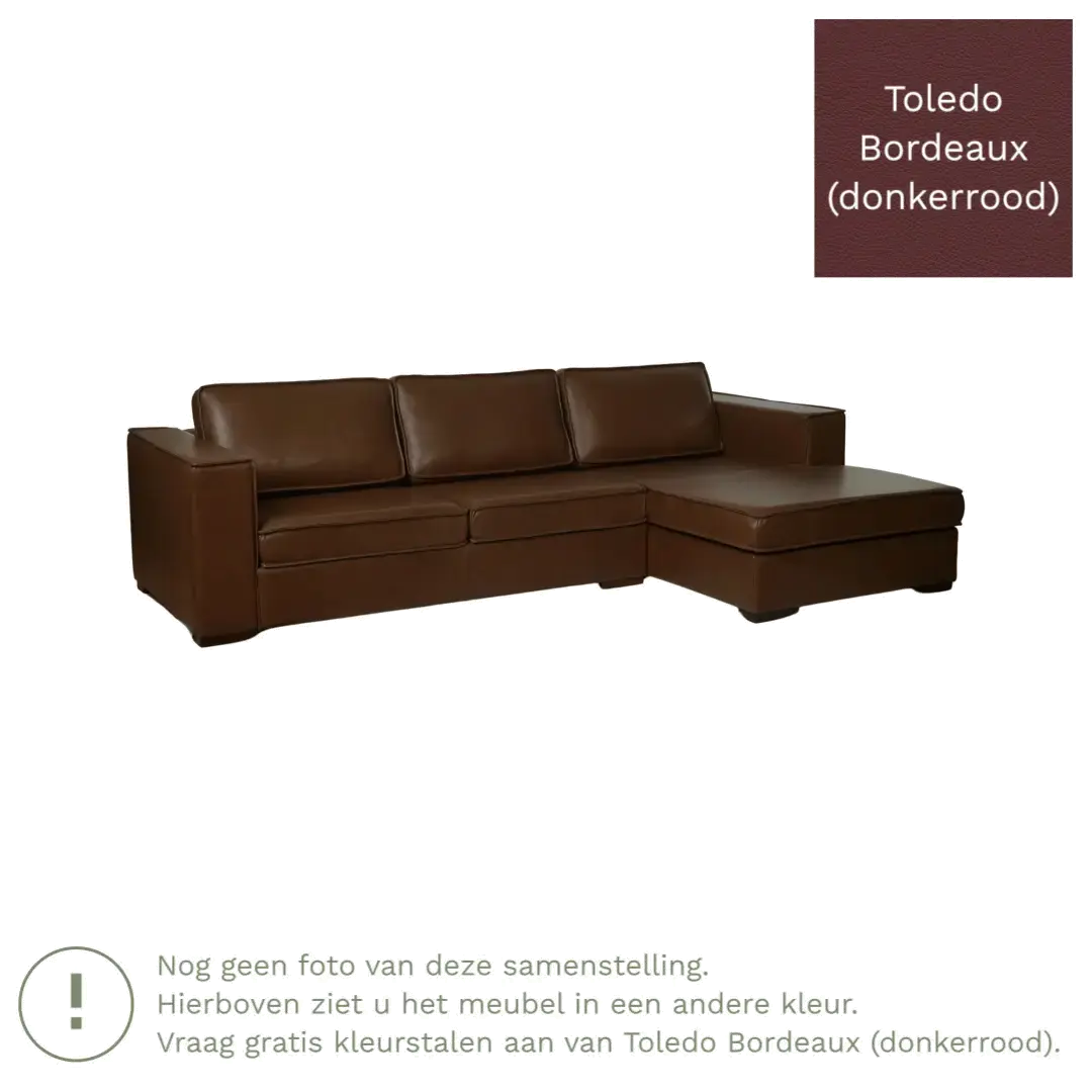 afbeelding van Leren hoekbank Fine - 3 zits arm rechts + longchair links - Toledo Bordeaux (donkerrood) - Poten hout bruin
