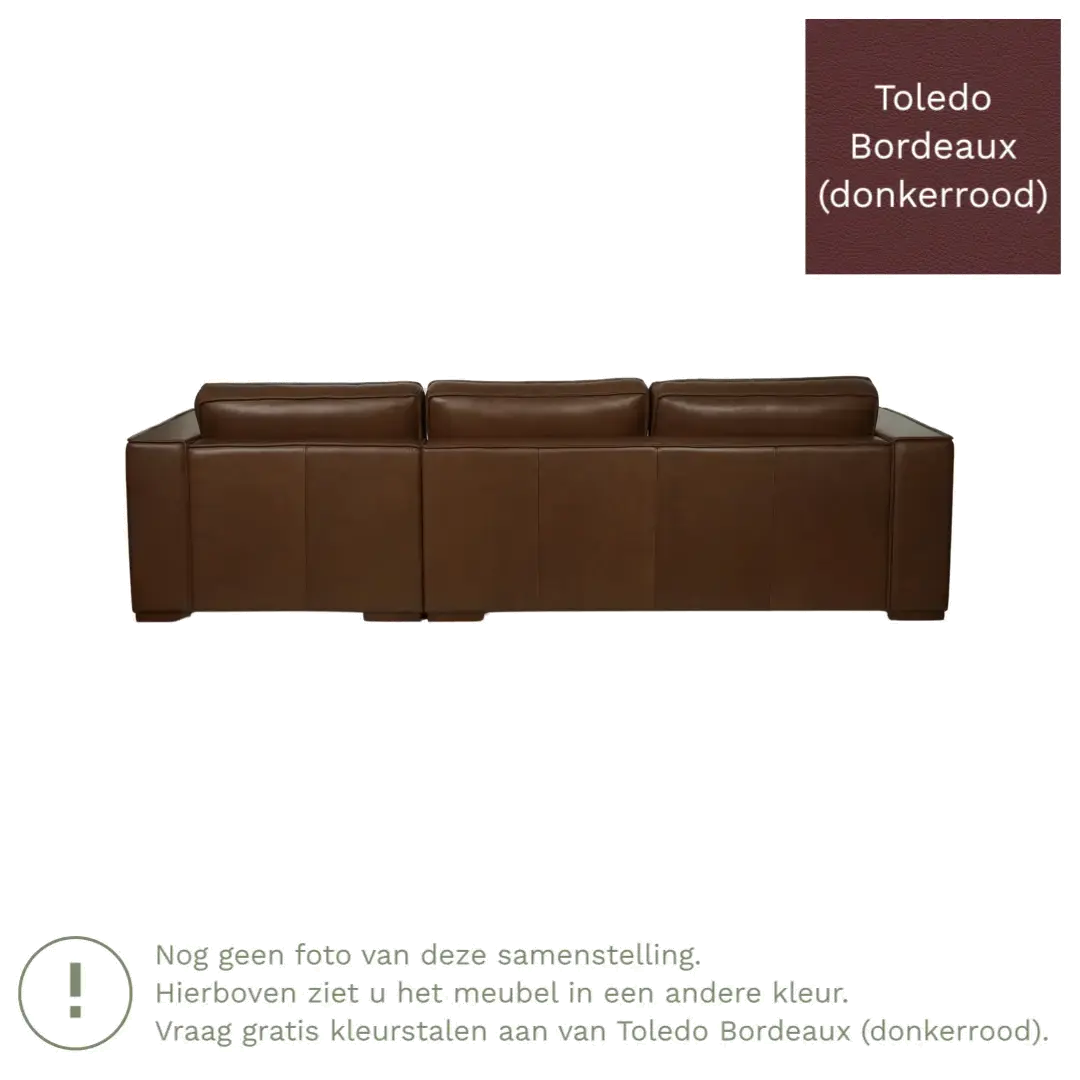 afbeelding van Leren hoekbank Fine - 3 zits arm rechts + longchair links - Toledo Bordeaux (donkerrood) - Poten hout bruin