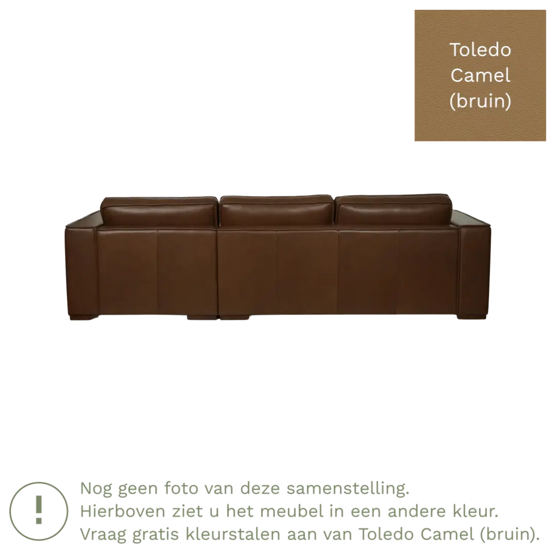 afbeelding van Leren hoekbank Fine - 3 zits arm rechts + longchair links - Toledo Camel (bruin) - Poten hout bruin