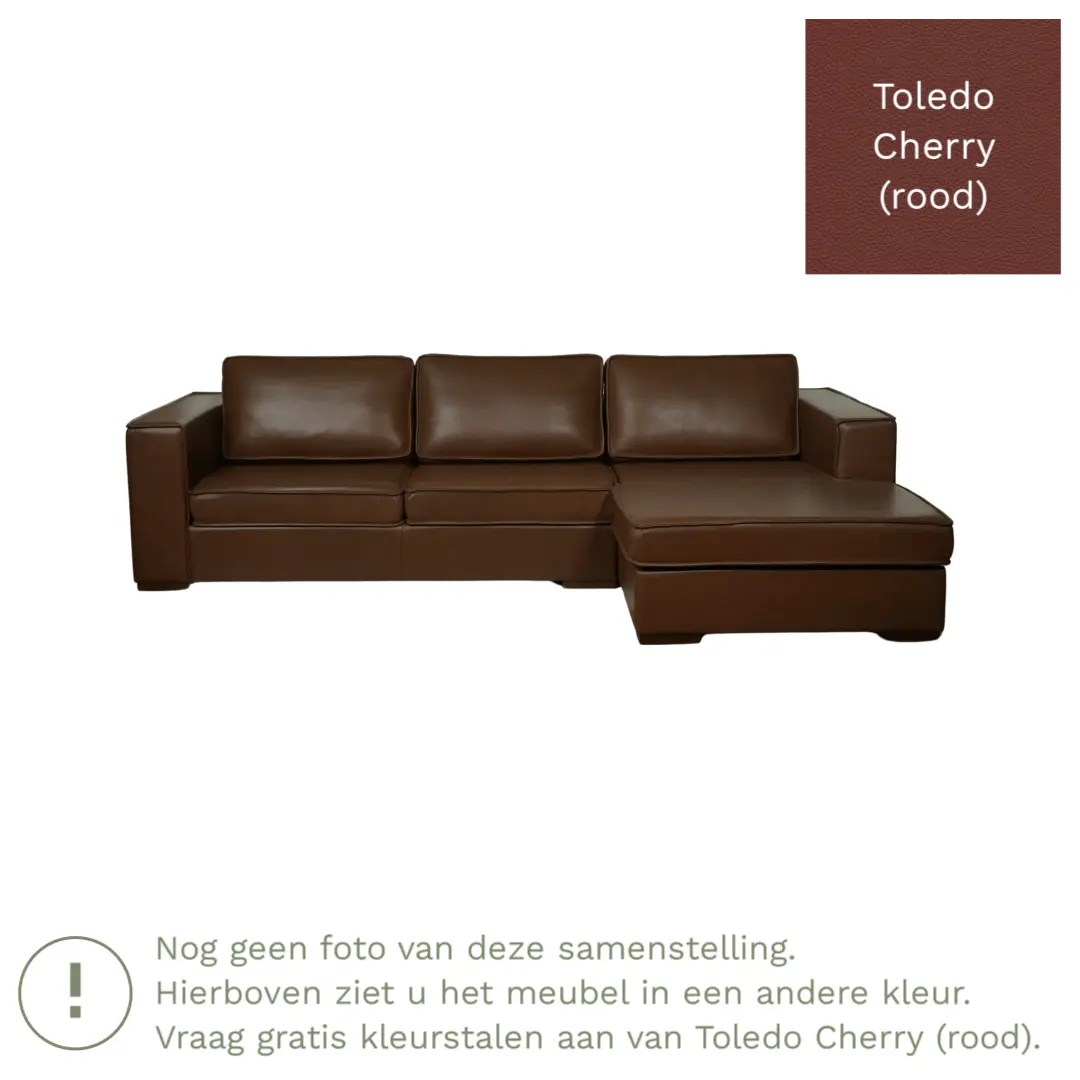 afbeelding van Leren hoekbank Fine - 3 zits arm rechts + longchair links - Toledo Cherry (rood) - Poten hout zwart